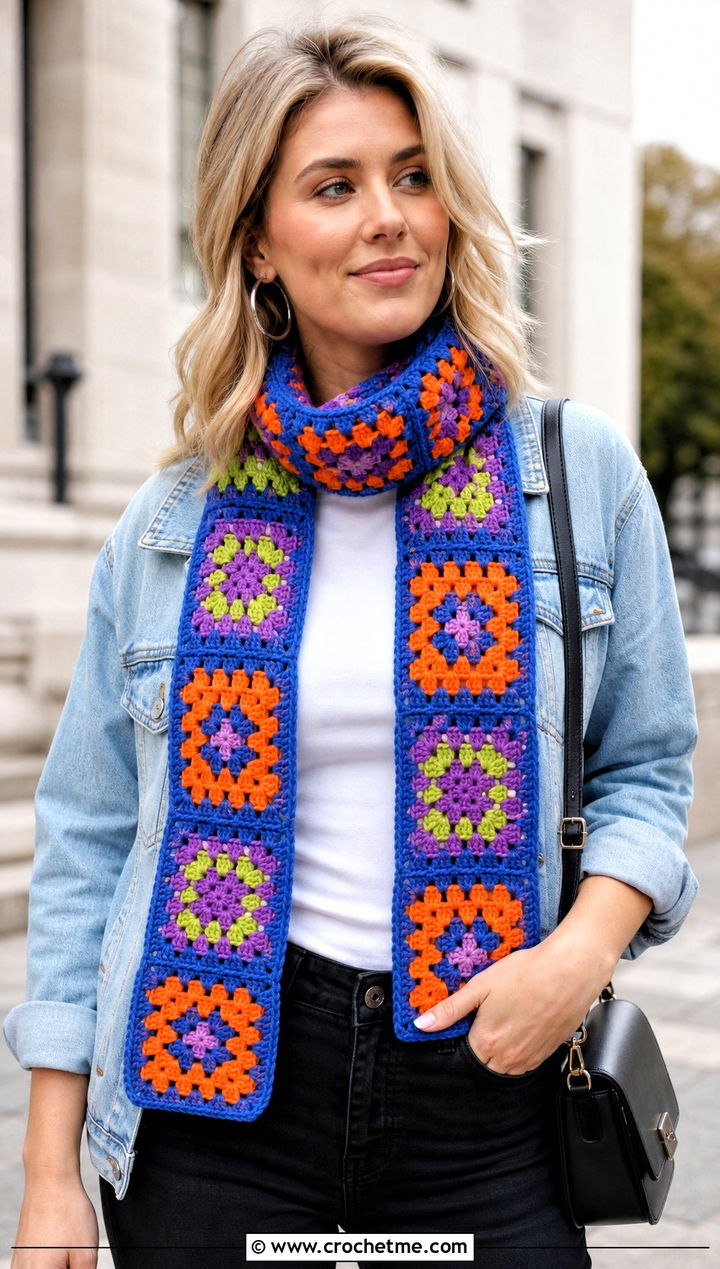 Granny Square Crochet Scarf With Denim Jacket - 25 Quick And Easy Crochet Scarf outfit ideas