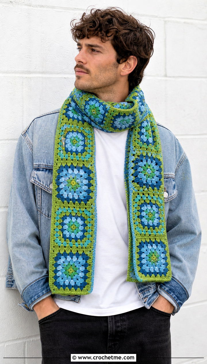 Granny Square Crochet Scarf With Denim Jacket - 30 crochet scarf ideas for men