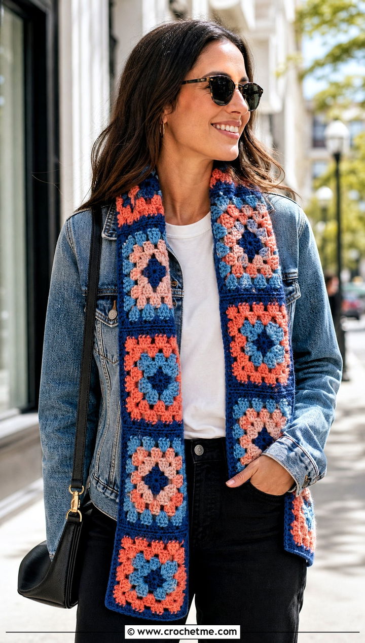 Granny Square Crochet Scarf With Denim Jacket - 25 super crochet scarf outfit ideas