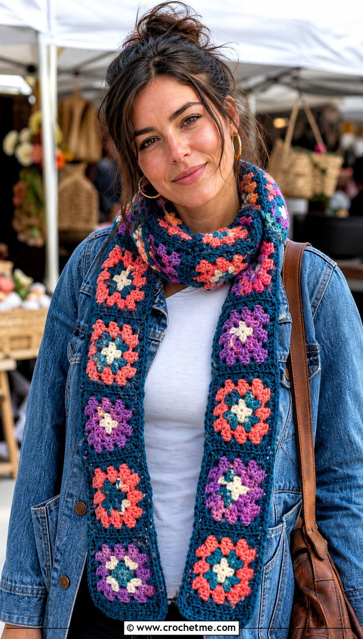Granny Square Crochet Scarf With Denim Jacket - 15 Crochet For Scarves Using Bulky Yarn outfit ideas