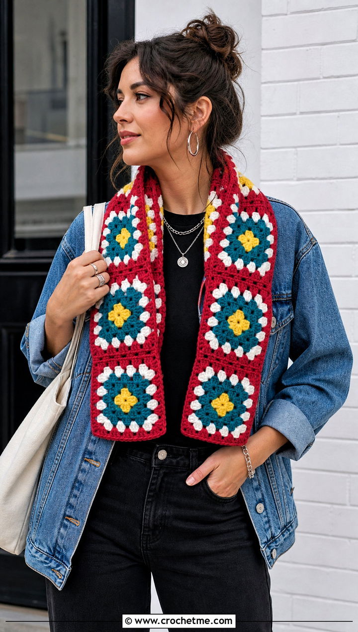 Granny Square Crochet Scarf With Denim Jacket - 15 Crochet Unisex Scarf outfit ideas