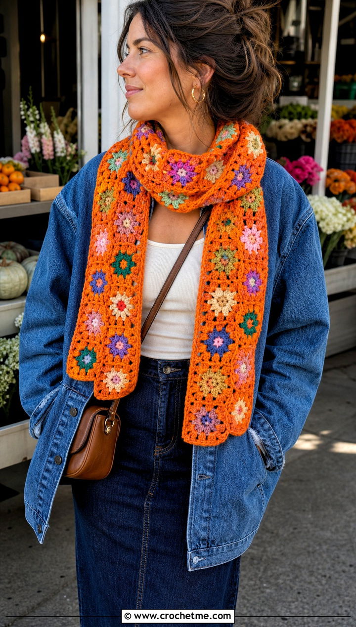 Granny Square Crochet Scarf With Denim Jacket - 15 Light Weight Crochet Scarf outfit ideas