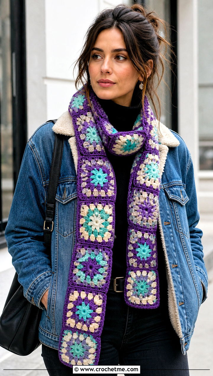 Granny Square Crochet Scarf With Denim Jacket - 15 Winter Crochet Scarf Design outfit ideas