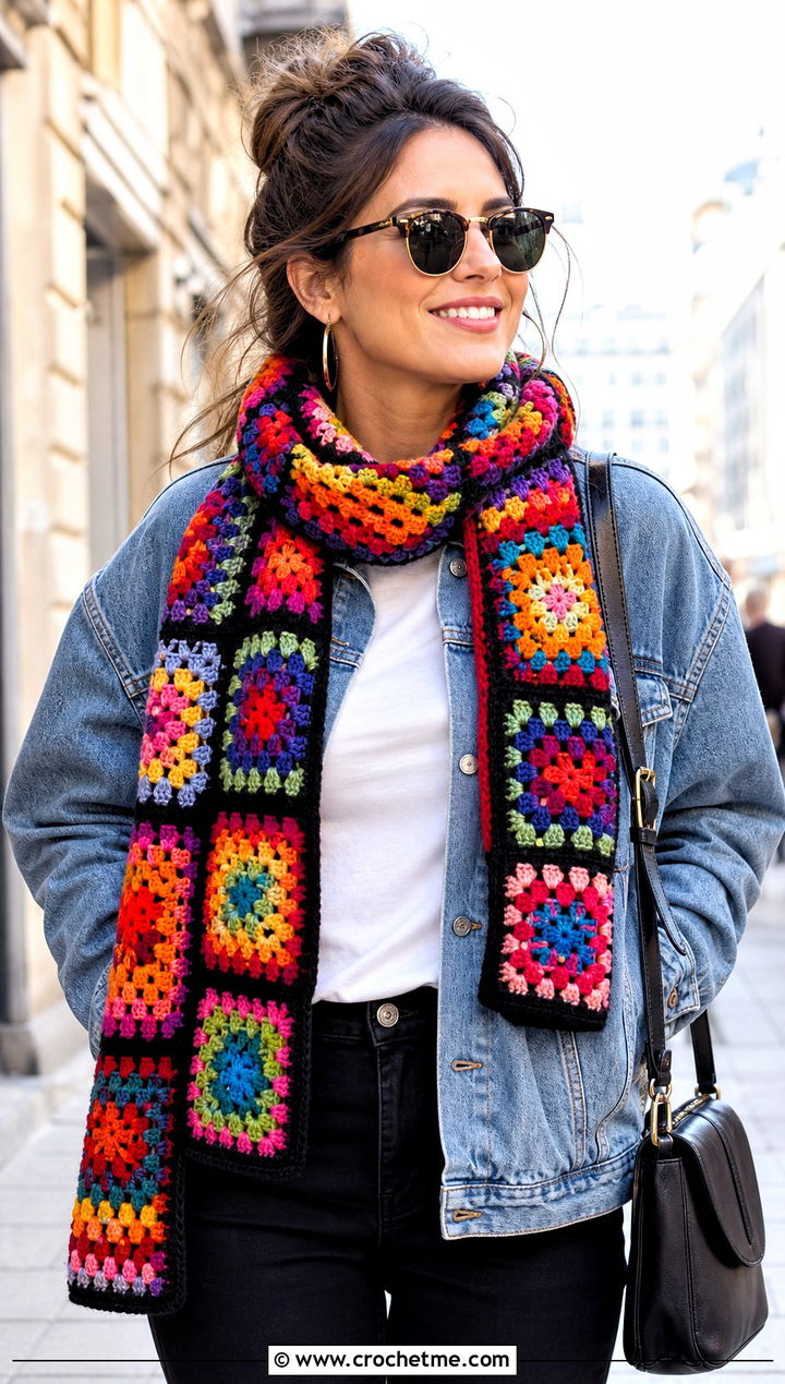 Granny Square Crochet Scarf With Denim Jacket - 20 Crochet Scarf For Beginners outfit ideas