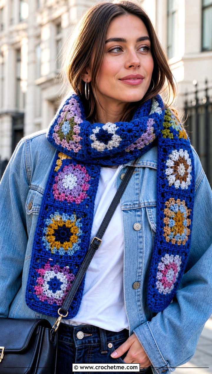 Granny Square Crochet Scarf With Denim Jacket - 20 Crochet Textured Scarf outfit ideas