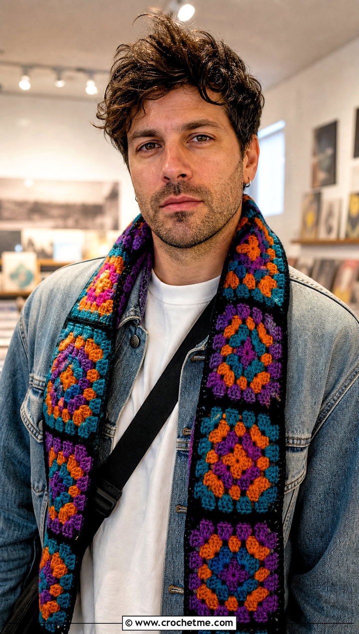 Granny Square Crochet Scarf With Denim Jacket - 20 men's crocheted scarf outfit ideas