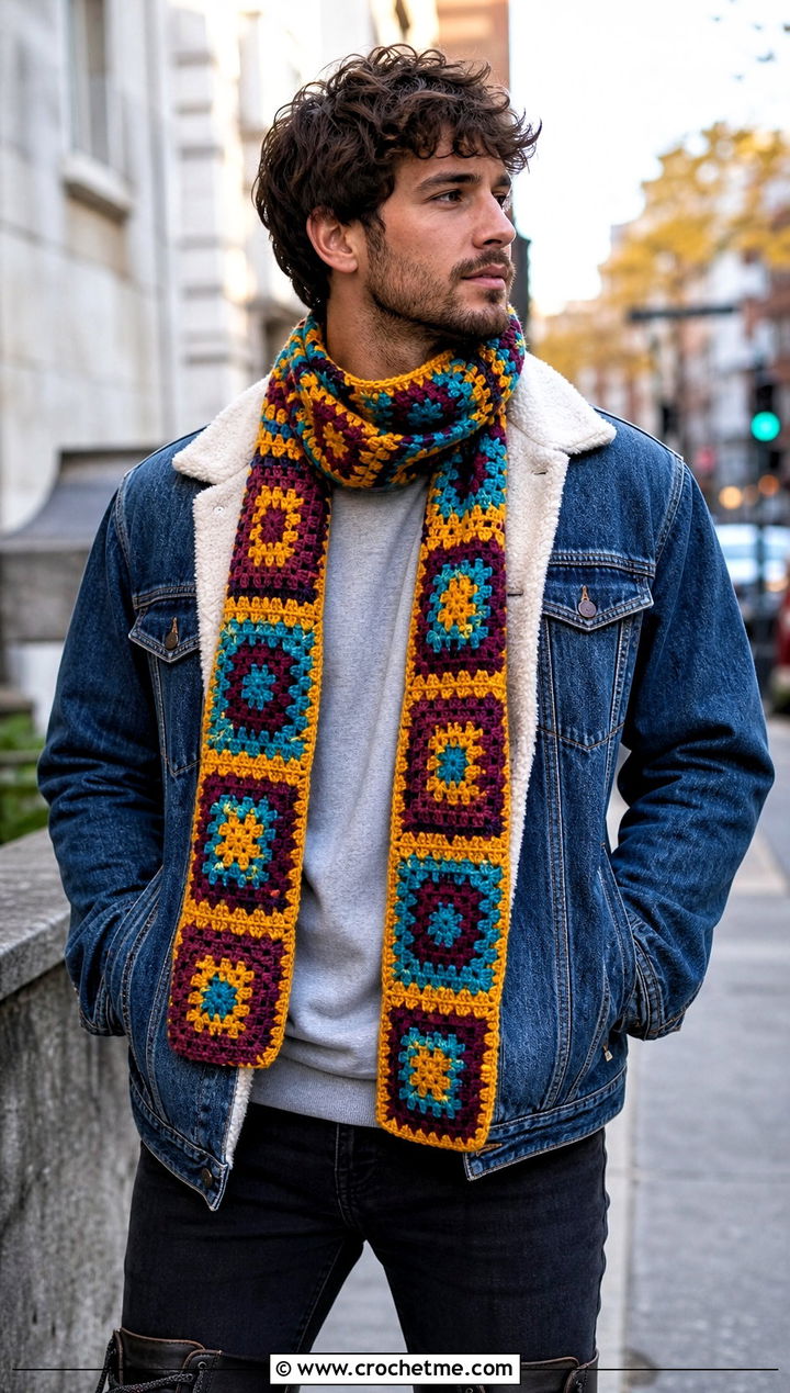 Granny Square Crochet Scarf With Denim Jacket - 20 Mens Winter Crochet Scarf outfit ideas