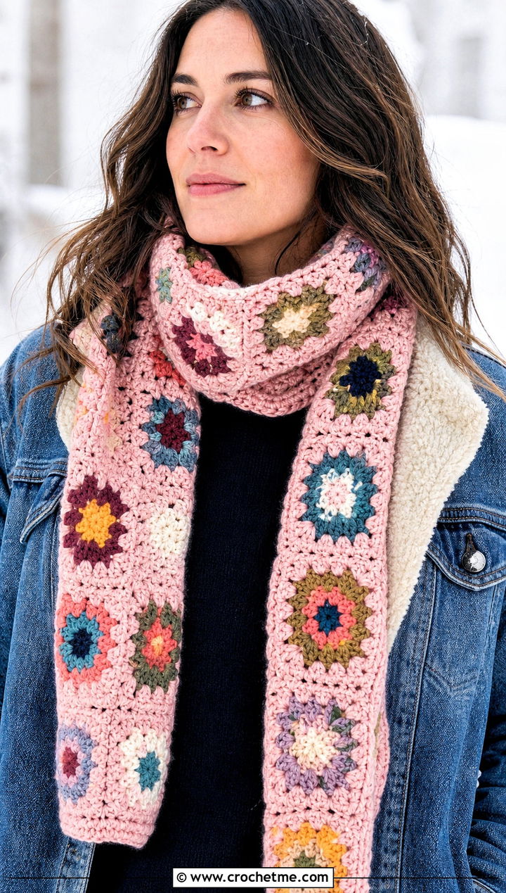 Granny Square Crochet Scarf With Denim Jacket - 25 winter crochet outfit ideas