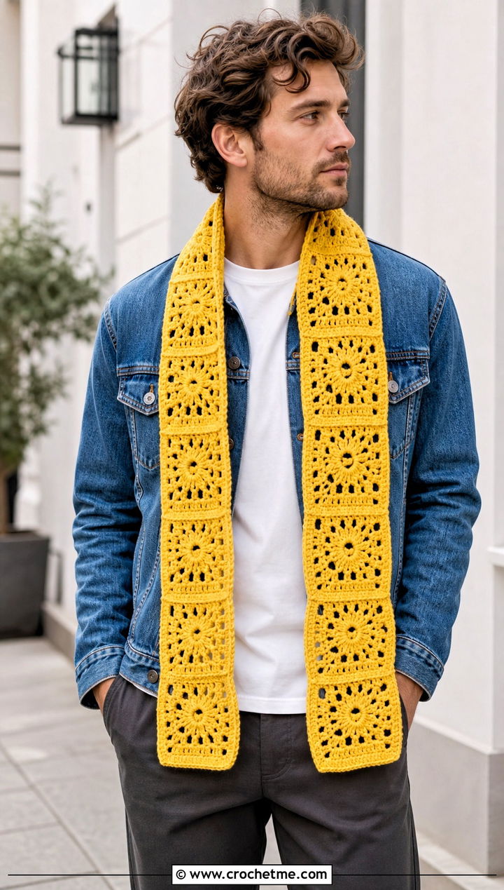 Granny Square Crochet Scarf With Denim Jacket - 30 easy crochet scarf men outfit ideas