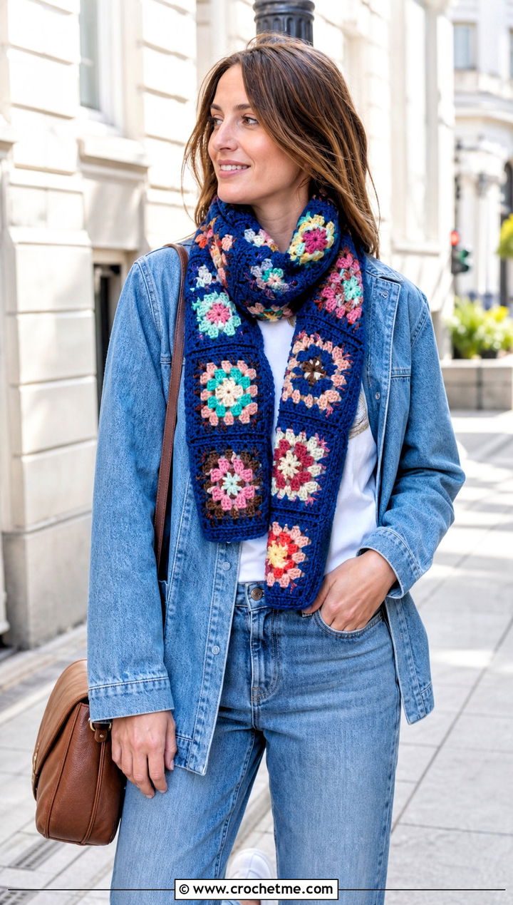 Granny Square Crochet Scarf With Denim Jacket - 30 easy crochet scarfs outfit ideas