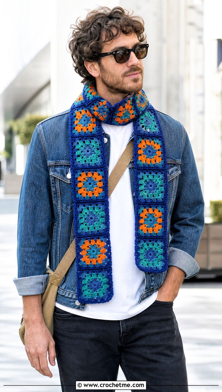 Granny Square Crochet Scarf With Denim Jacket - 30 male crochet scarf outfit ideas