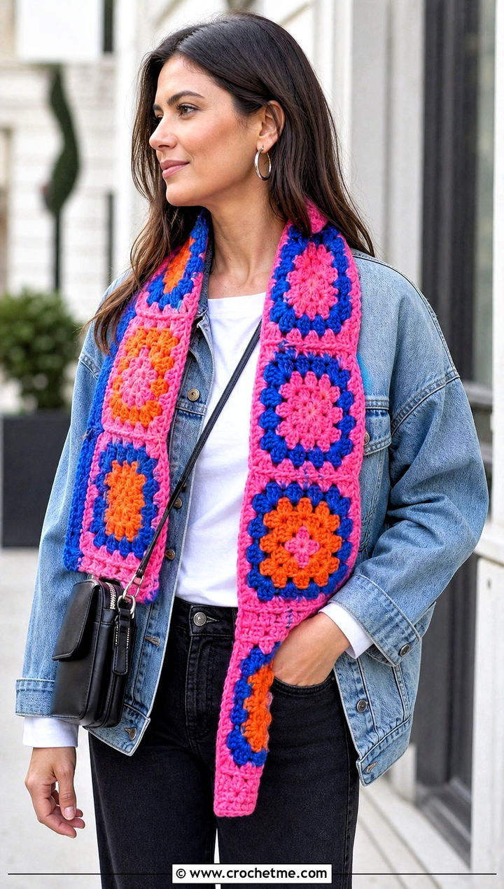 Granny Square Crochet Scarf With Denim Jacket - 30 unique crochet scarf outfit ideas