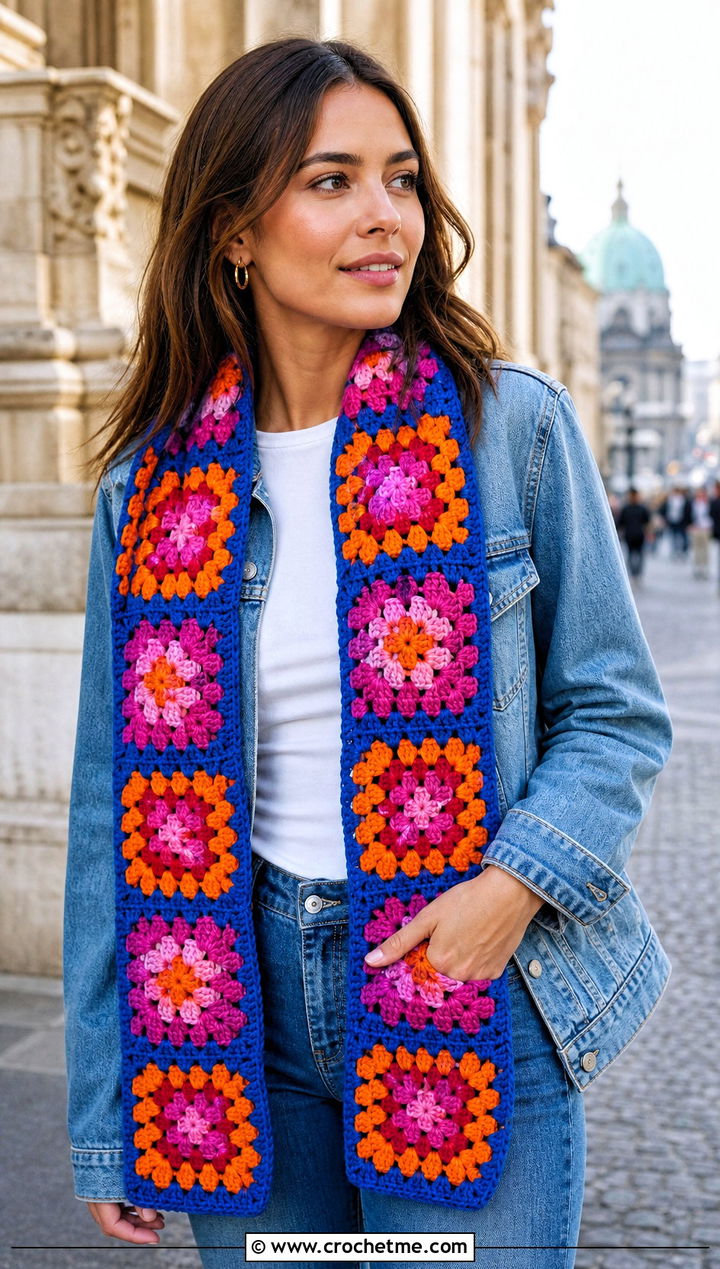 Granny Square Crochet Scarf With Denim Jacket - 30 wanderlust crochet scarf outfit ideas