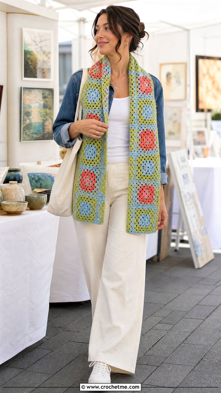 Granny Square Crochet Scarf With Denim Jacket - 35 beginner crochet scarf outfit ideas