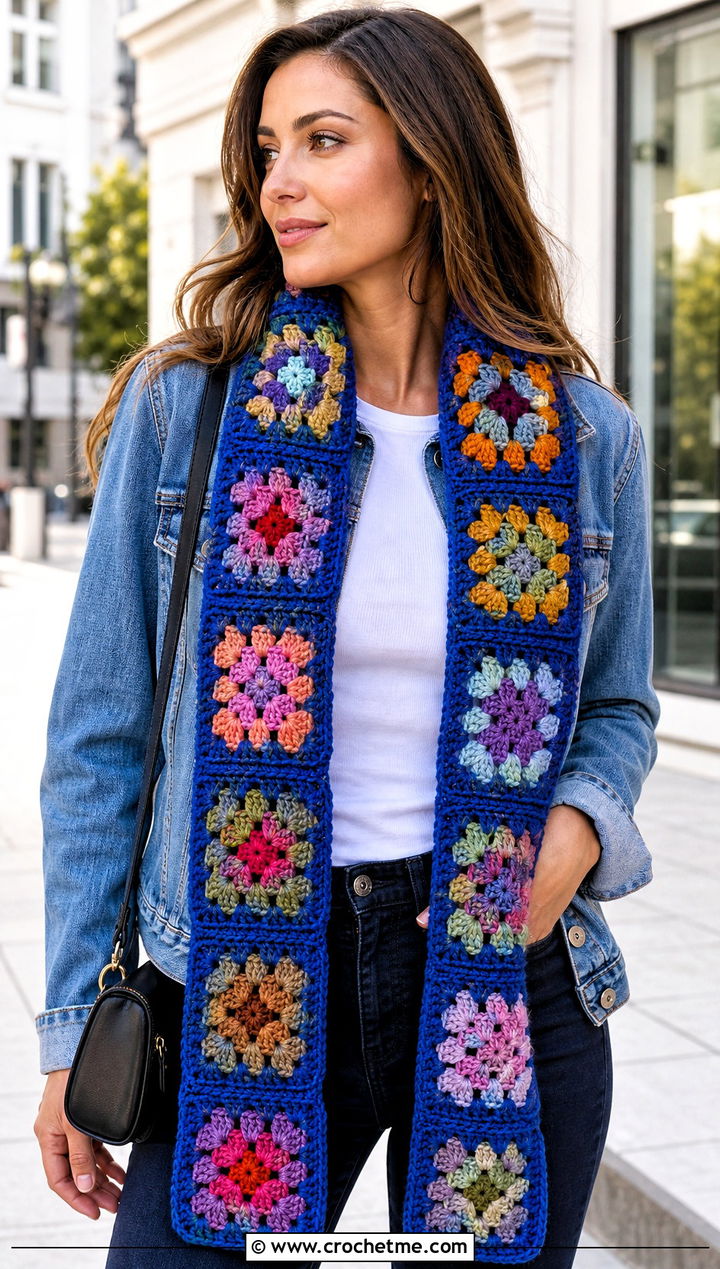 Granny Square Crochet Scarf With Denim Jacket And Jeans - 15 Crochet Fancy Scarf outfit ideas