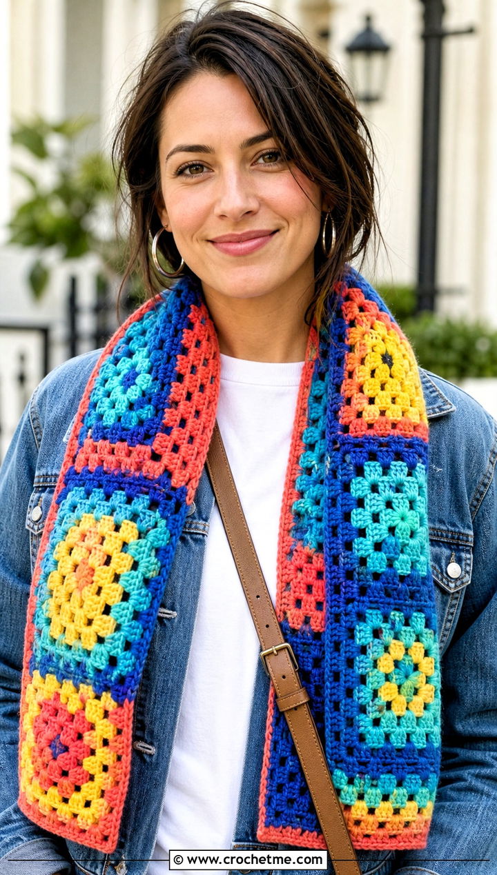 Granny Square Crochet Scarf With Denim Jacket And Jeans - 15 Vibrant Crochet Scarf outfit ideas