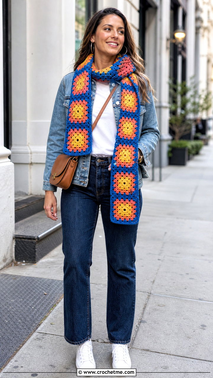 Granny Square Crochet Scarf With Denim Jacket And Jeans - 35 quick crochet scarf outfit ideas