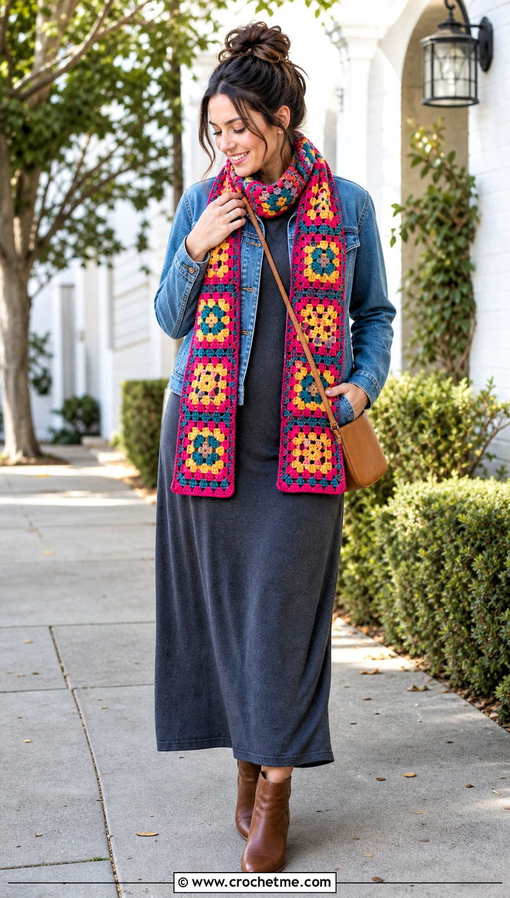 Granny Square Crochet Scarf With Denim Jacket And Maxi Dress - 35 Modest Crochet Outfit Ideas