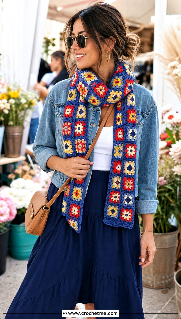 Granny Square Crochet Scarf With Denim Jacket And Midi Skirt - 15 Dainty Crochet Scarf outfit ideas