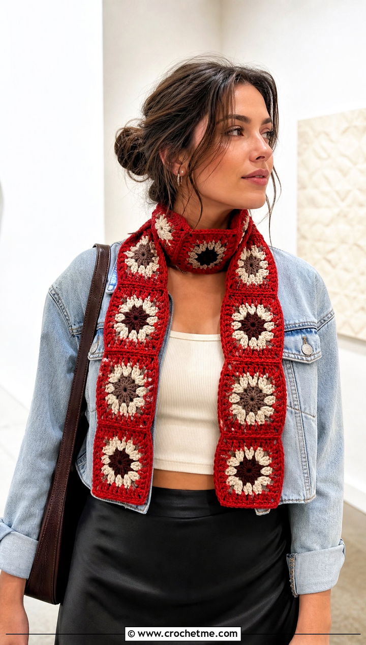 Granny Square Crochet Scarf With Denim Jacket And Slip Skirt - 25 Tiny Crochet Scarf outfit ideas