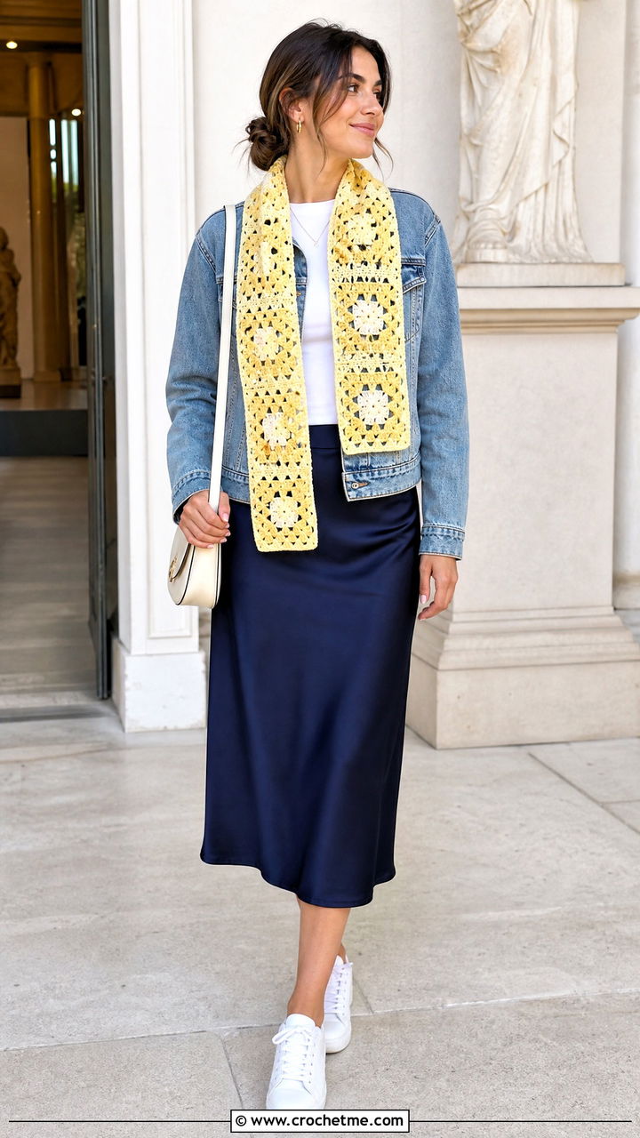 Granny Square Crochet Scarf With Denim Jacket and Midi Skirt - 35 easy one skein crochet scarf outfit ideas