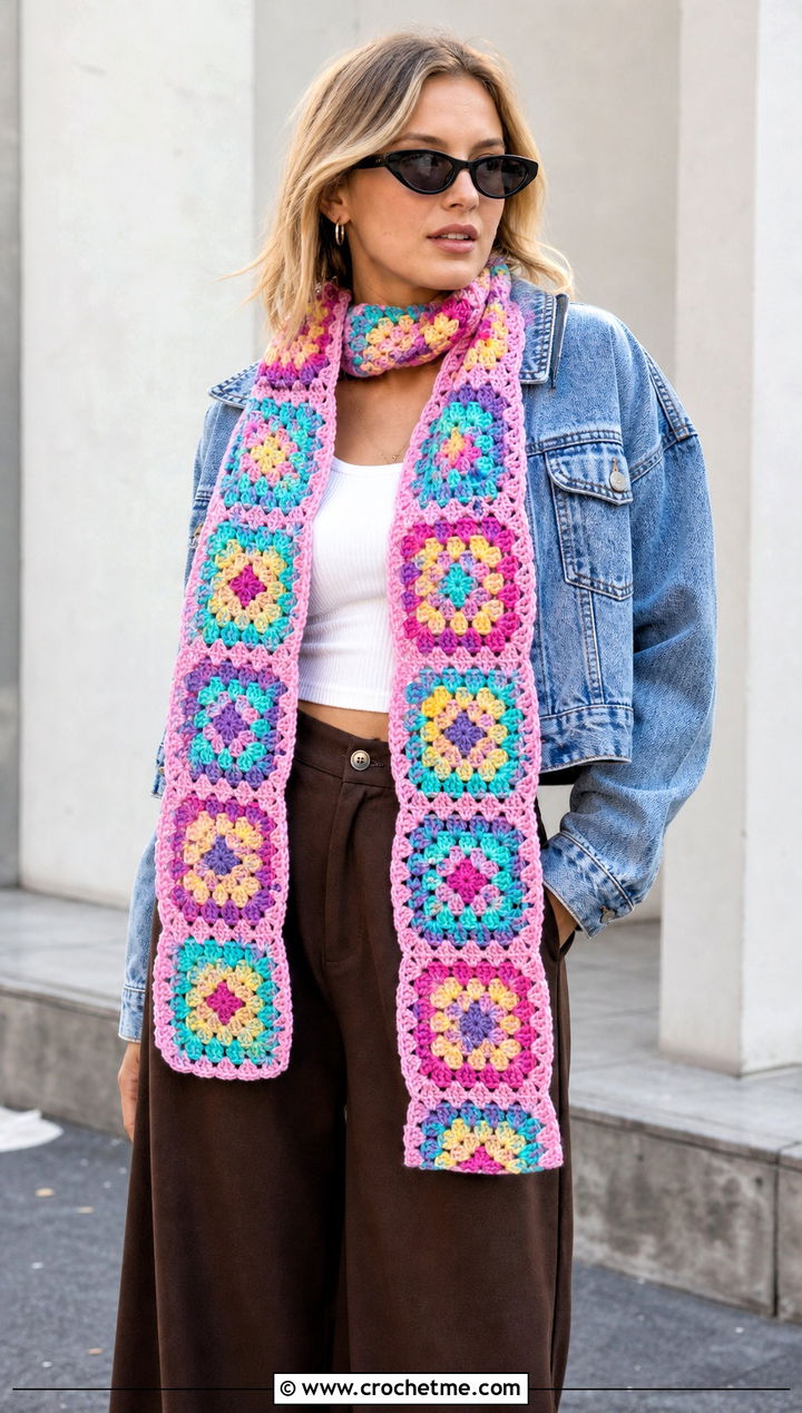 Granny Square Crochet Scarf With Denim Jacket and Wide Leg Pants - 15 Light Crochet Scarf outfit ideas