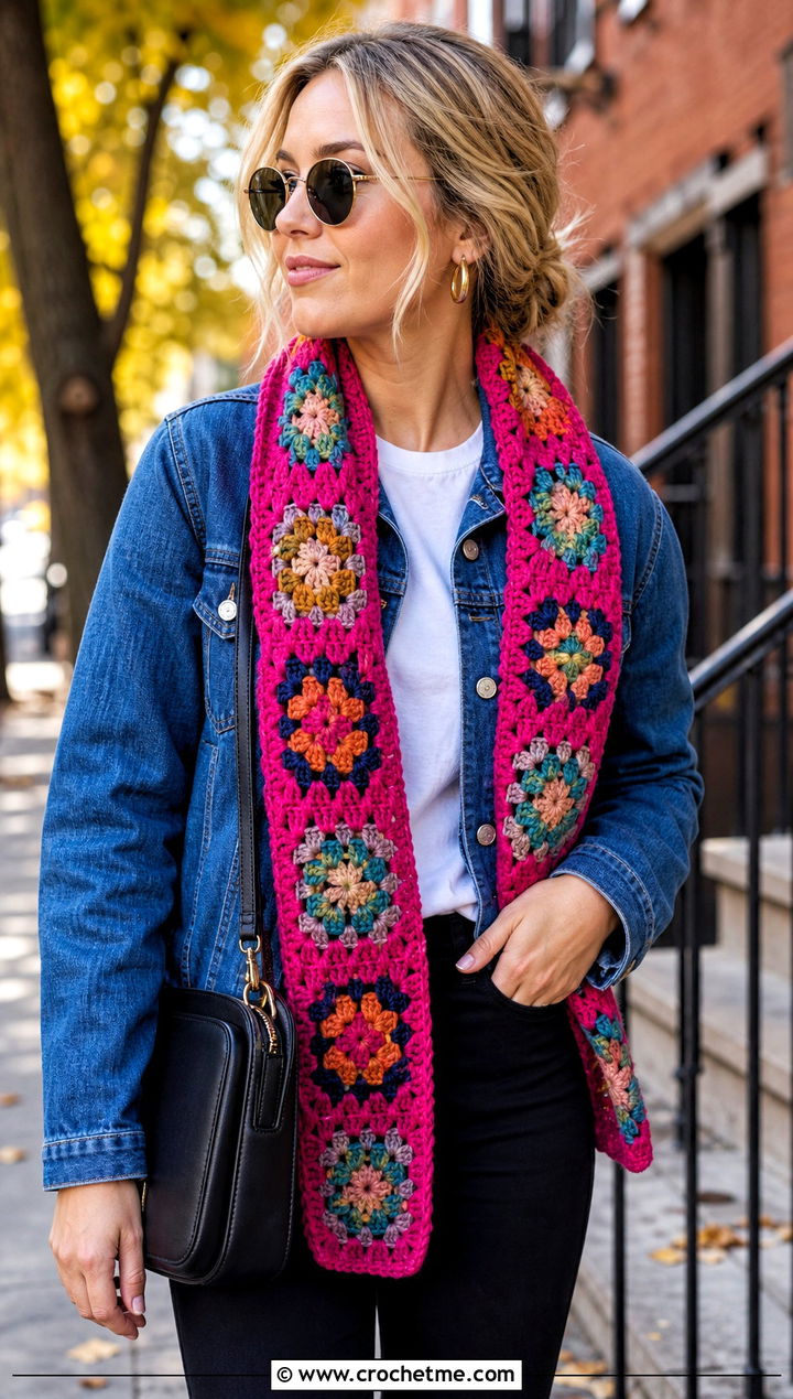 Granny Square Crochet Scarf With Denim Jacket - 30 autumn crochet scarf outfit ideas