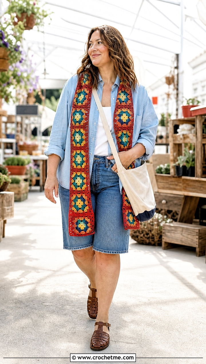 Granny Square Crochet Scarf With Denim Shirt And Shorts - 35 summer crochet scarf outfit ideas