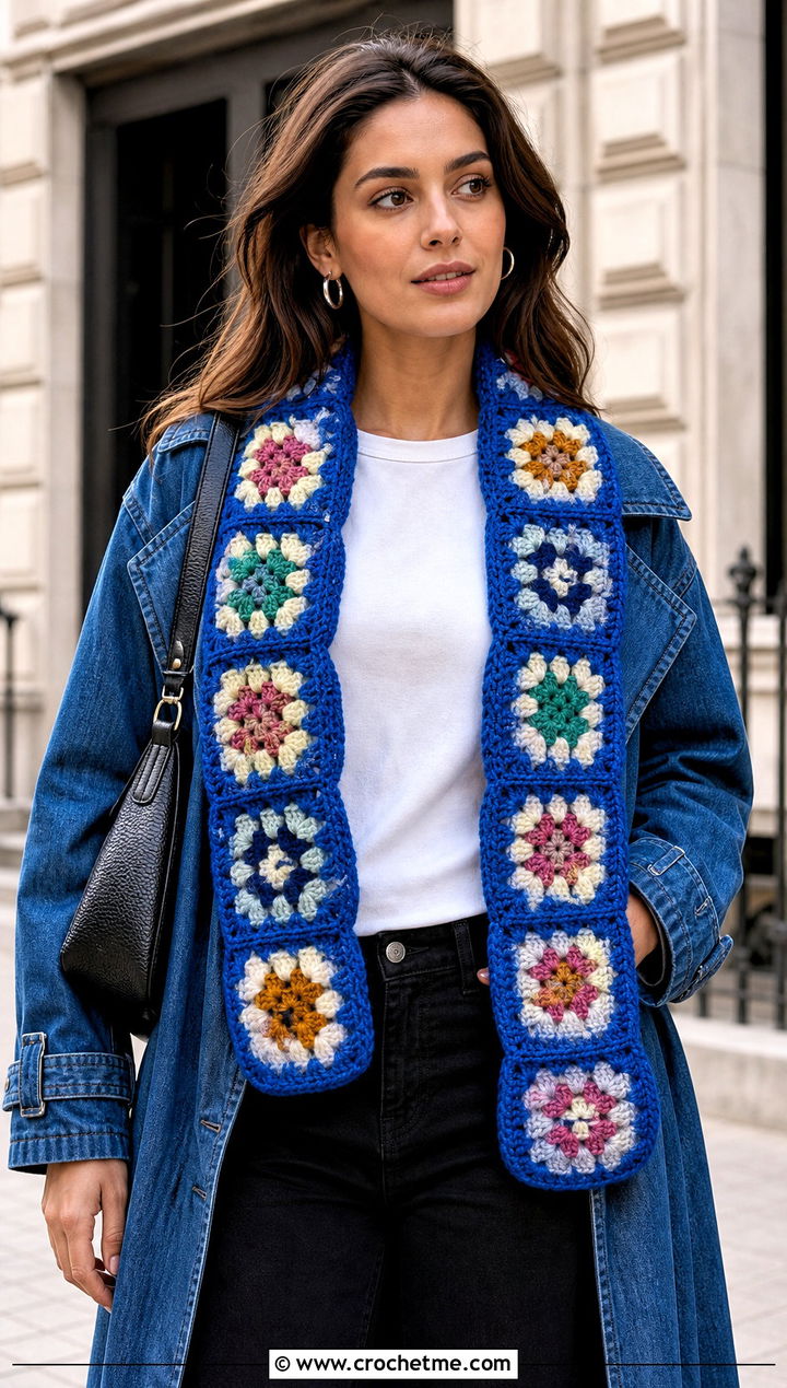 Granny Square Crochet Scarf With Denim Trench - 15 unusual crochet scarf outfit ideas