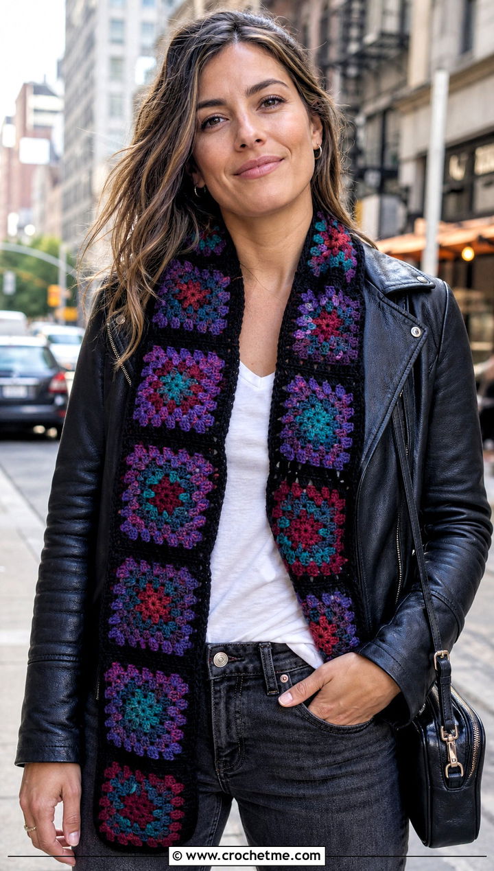 Granny Square Crochet Scarf With Leather Jacket - 25 Wednesday Crochet Scarf outfit ideas