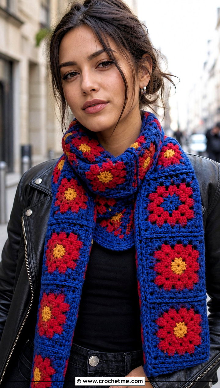 Granny Square Crochet Scarf With Leather Jacket - 15 Textured Crochet Scarf Design outfit ideas
