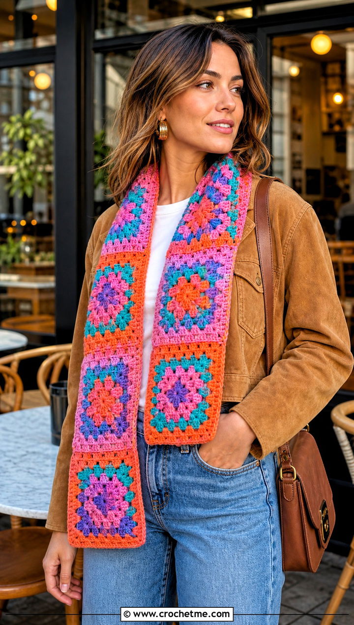 Granny Square Crochet Scarf With Straight Leg Jeans - 25 denim and crochet scarf outfit ideas