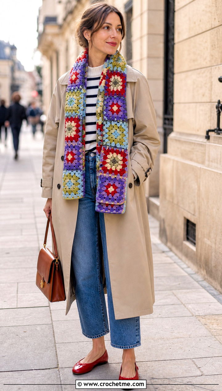 Granny Square Crochet Scarf With Trench Coat - 15 Funny Crochet Scarf outfit ideas