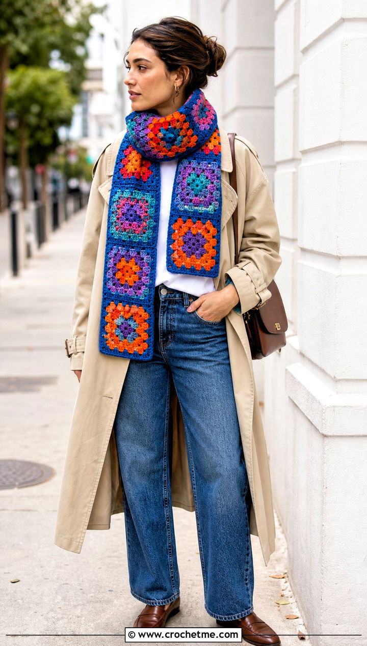 Granny Square Crochet Scarf With Trench Coat And Jeans - 25 pretty crochet scarf outfit ideas