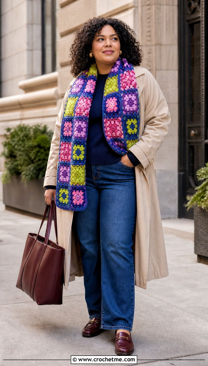 Granny Square Crochet Scarf With Trench Coat And Jeans - 35 plus size crochet outfit ideas