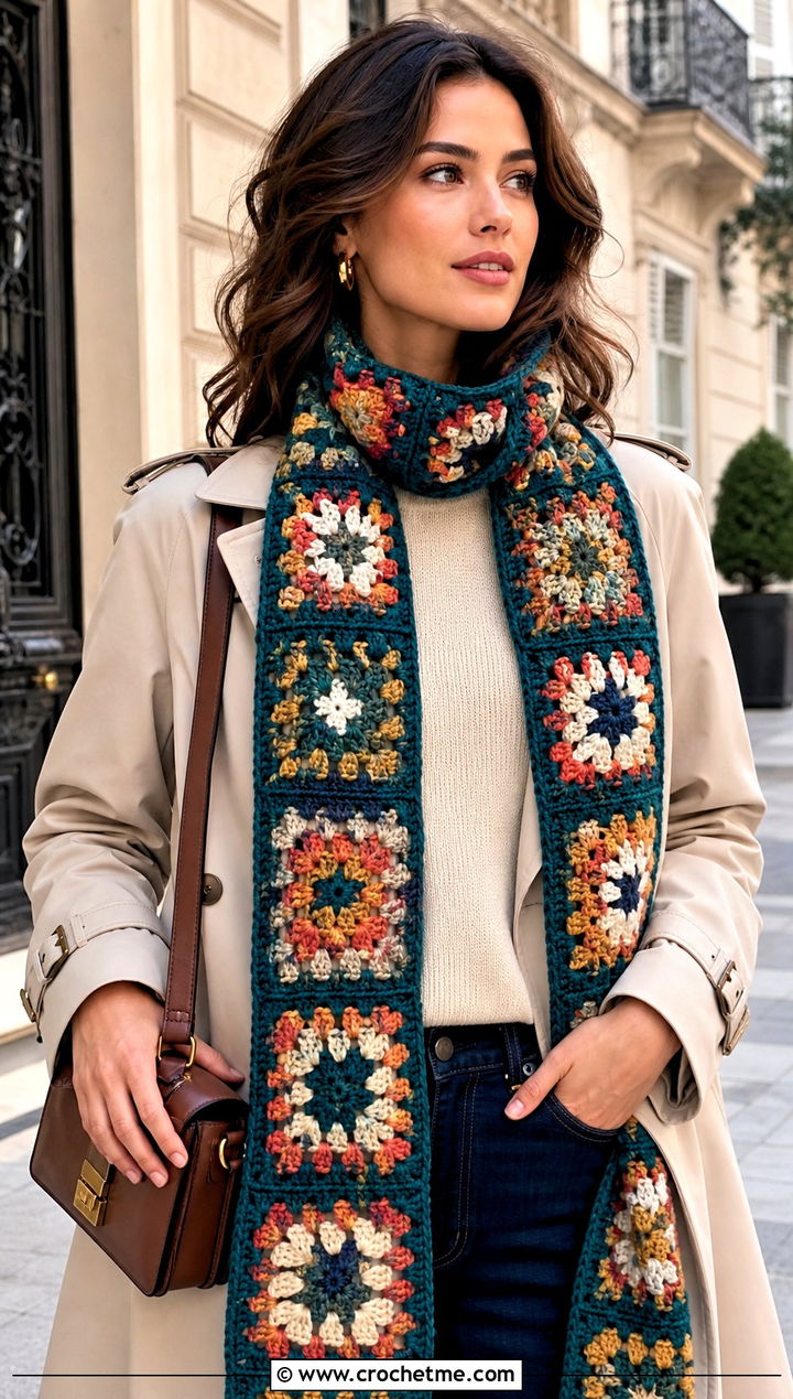 Granny Square Crochet Scarf With Trench Coat - 15 elegant crochet scarf design outfit ideas