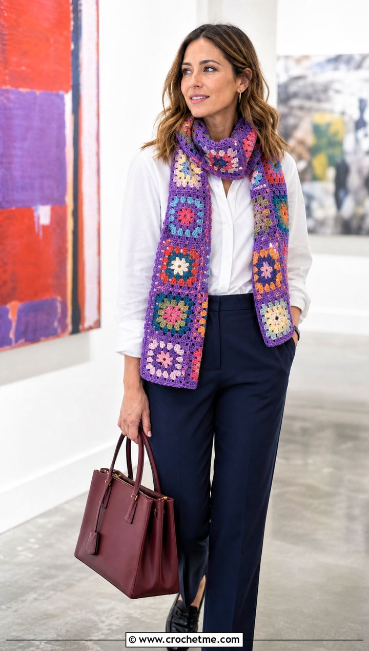 Granny Square Crochet Scarf With White Shirt - 25 Crochet For Beginners Scarf outfit ideas