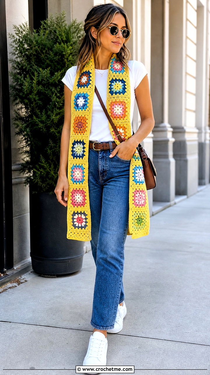 Granny Square Crochet Scarf With White T Shirt And Jeans - 35 simple crochet scarf outfit ideas
