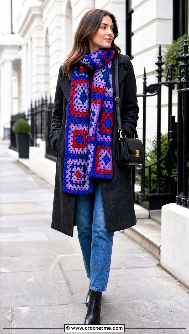 Granny Square Crochet Scarf With Wool Coat and Jeans - 35 Winter Crochet Scarf outfit ideas