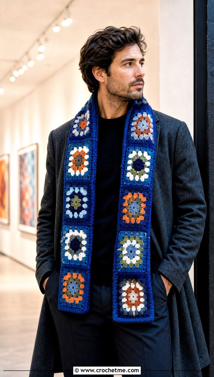Granny Square Crochet Scarf With Wool Overcoat - 30 Mens Crochet Scarf outfit ideas