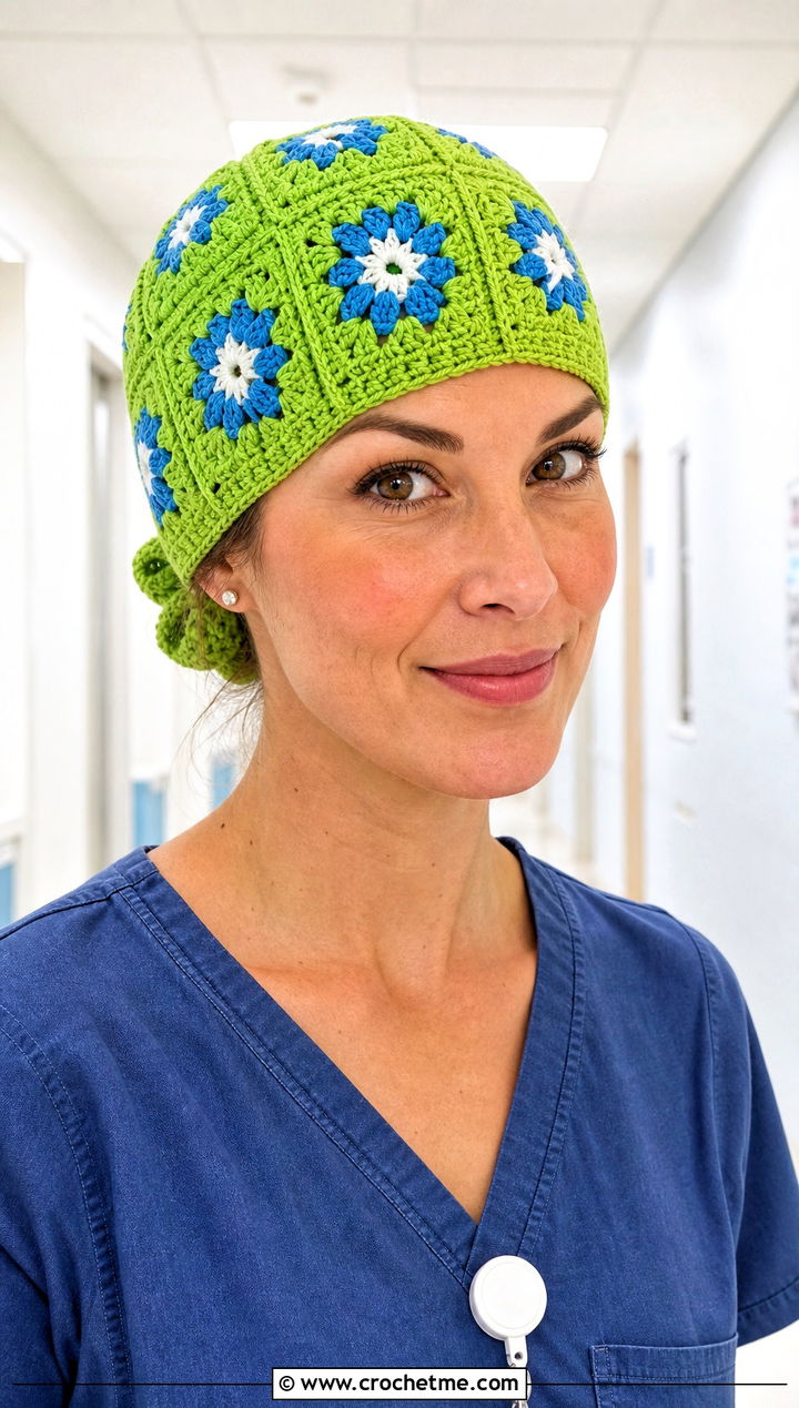 Granny Square Crochet Scrub Cap With Denim Blue Scrubs - 20 Crochet Scrub Cap outfit ideas