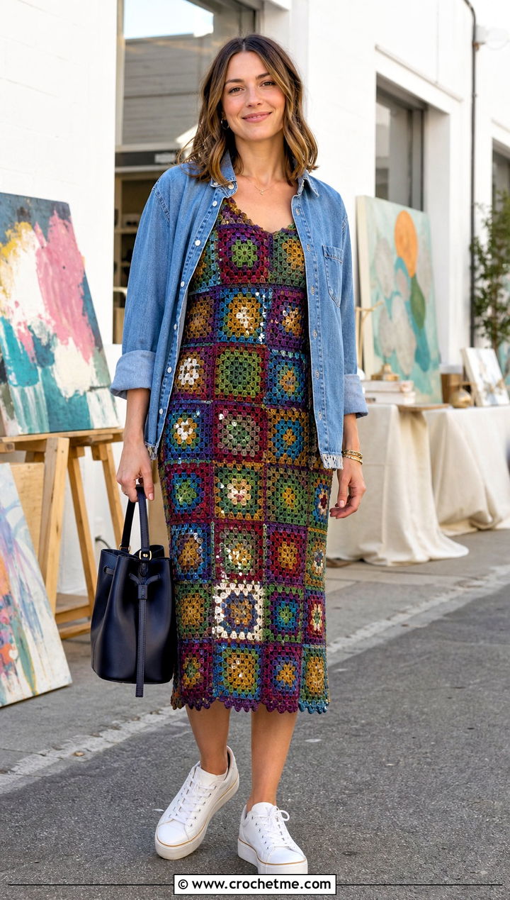 Granny Square Crochet Sequin Dress With Denim Shirt - 35 crochet sequin dress outfit ideas