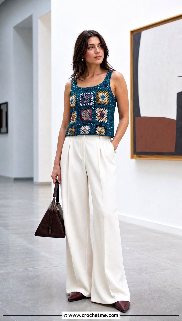 Granny Square Crochet Sequin Tank Top With Wide Leg Trousers - 15 crochet sequin tank top outfit ideas