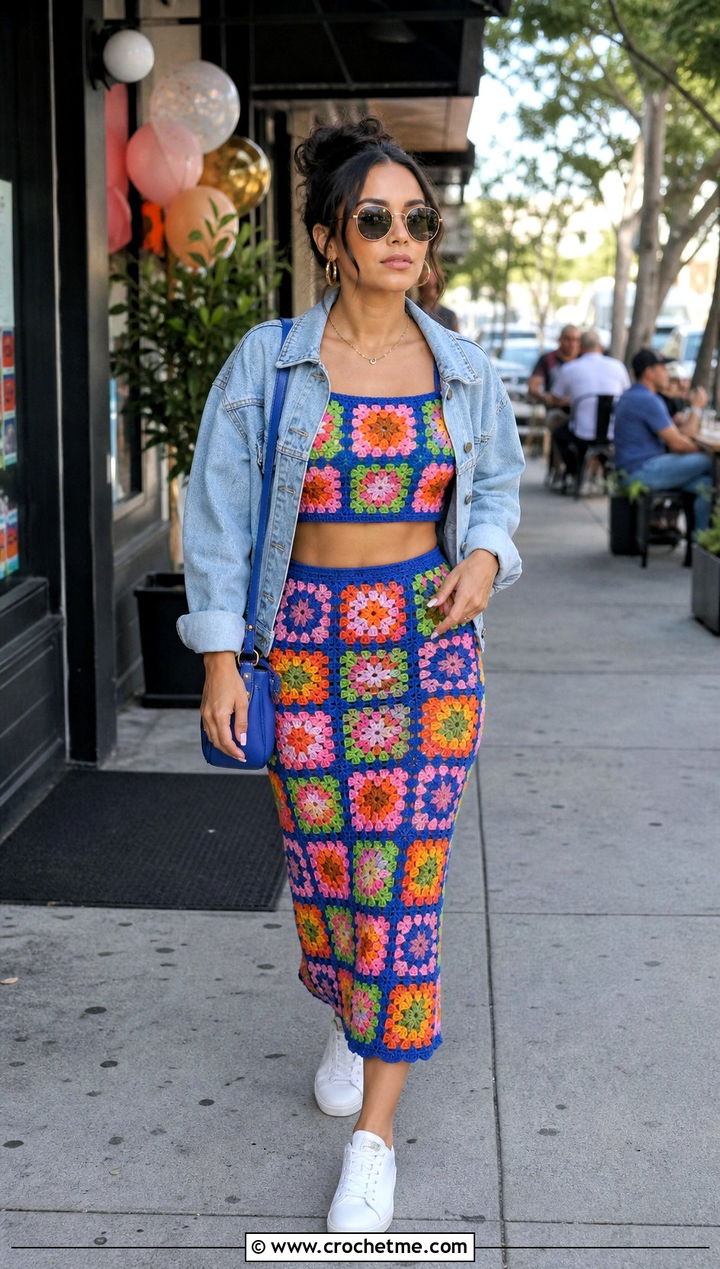 Granny Square Crochet Set With Denim Jacket - 25 birthday crochet outfit ideas