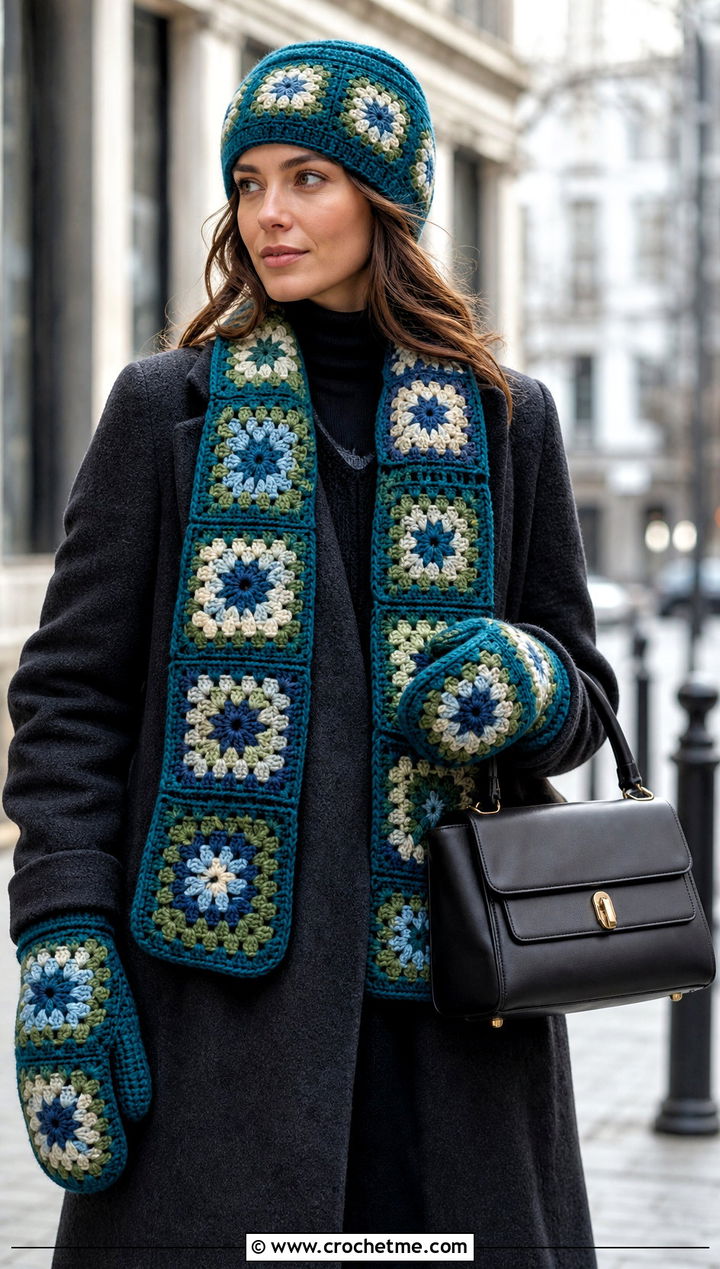 Granny Square Crochet Set With Wool Coat - 20 Crochet Hat Mittens Scarf Set outfit ideas