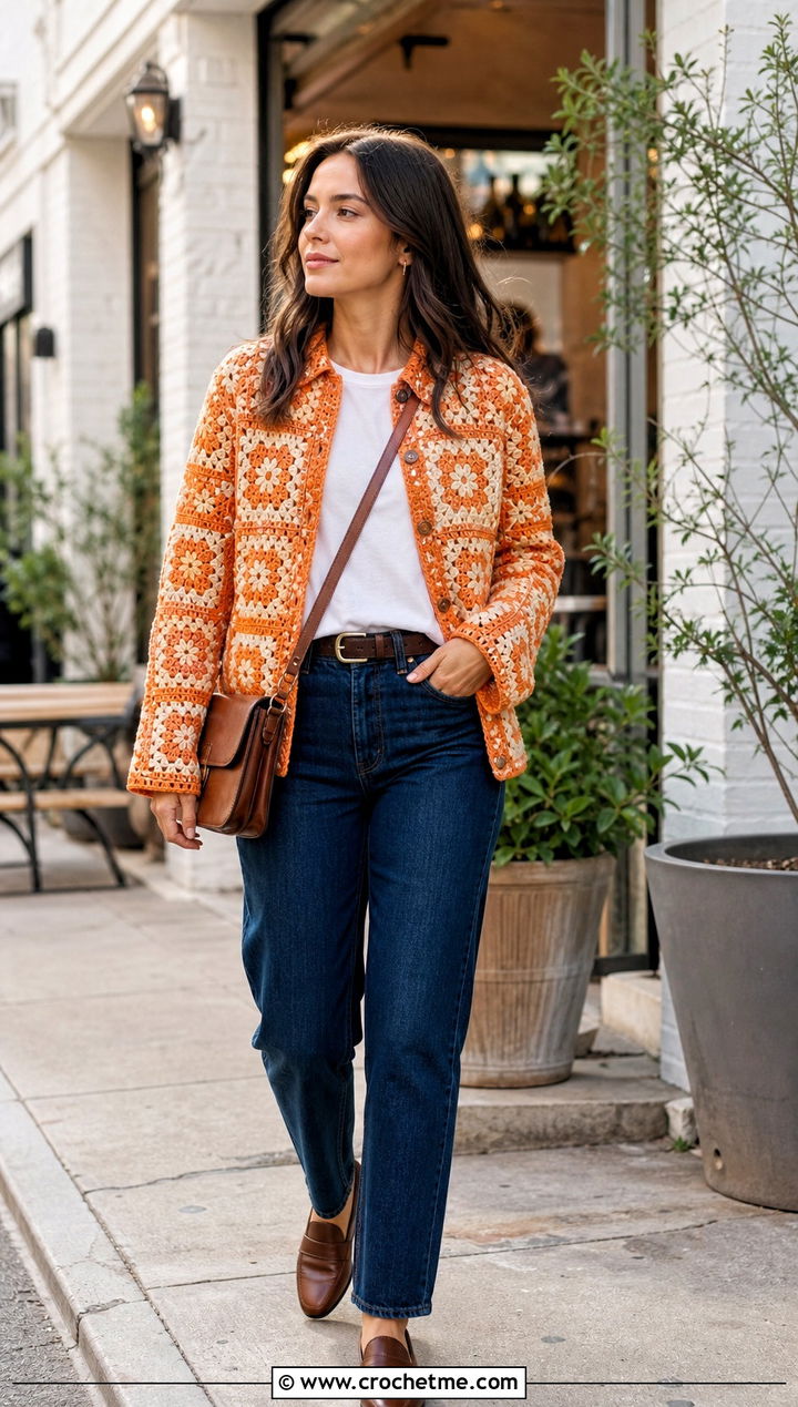 Granny Square Crochet Shacket With Straight Leg Jeans - 15 Granny Square Crochet Coats & Jackets outfit ideas