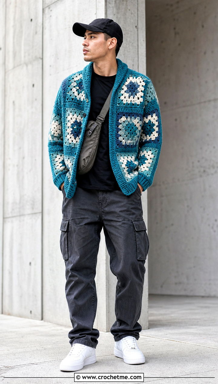 Granny Square Crochet Shawl Collar Cardigan With Cargo Pants - 20 Mens Crochet Shawl Collar Cardigan outfit ideas