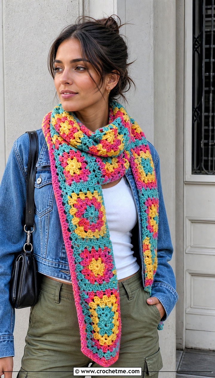 Granny Square Crochet Shawl Scarf With Cargo Pants - 30 crochet shawl scarf outfit ideas