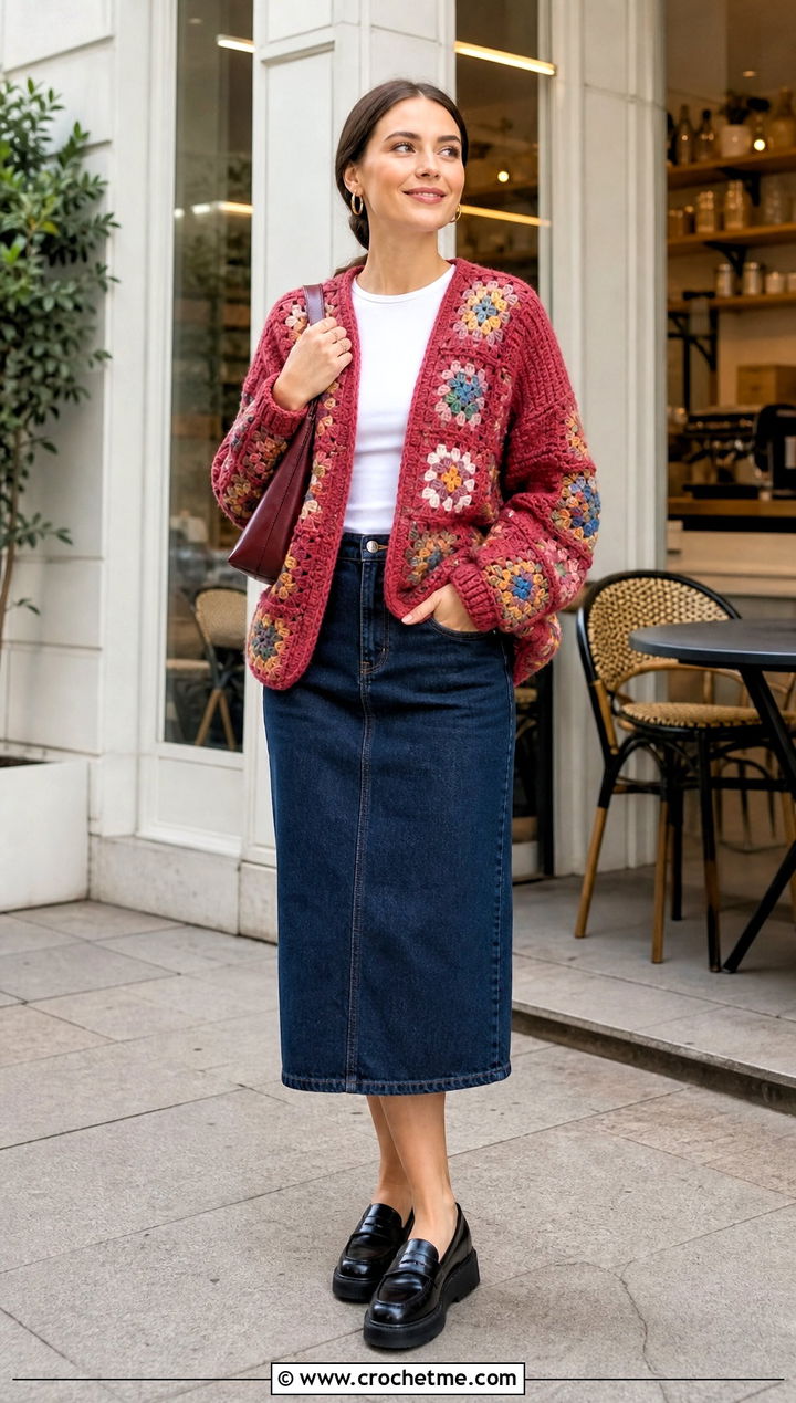 Granny Square Crochet Shawl Sweater With Denim Skirt - 25 crochet shawl sweater outfit ideas