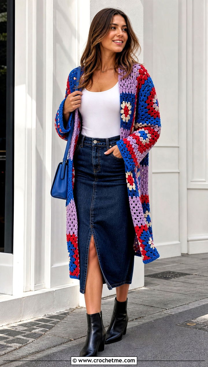 Granny Square Crochet Shawl With Arm Holes And Denim Skirt - 30 crochet shawl with arm holes outfit ideas